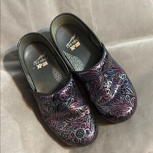 Dansko Purple and Black Patterned Clogs